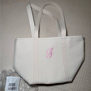 LL Bean Medium Cream Tote Bag with Pink Embroidery